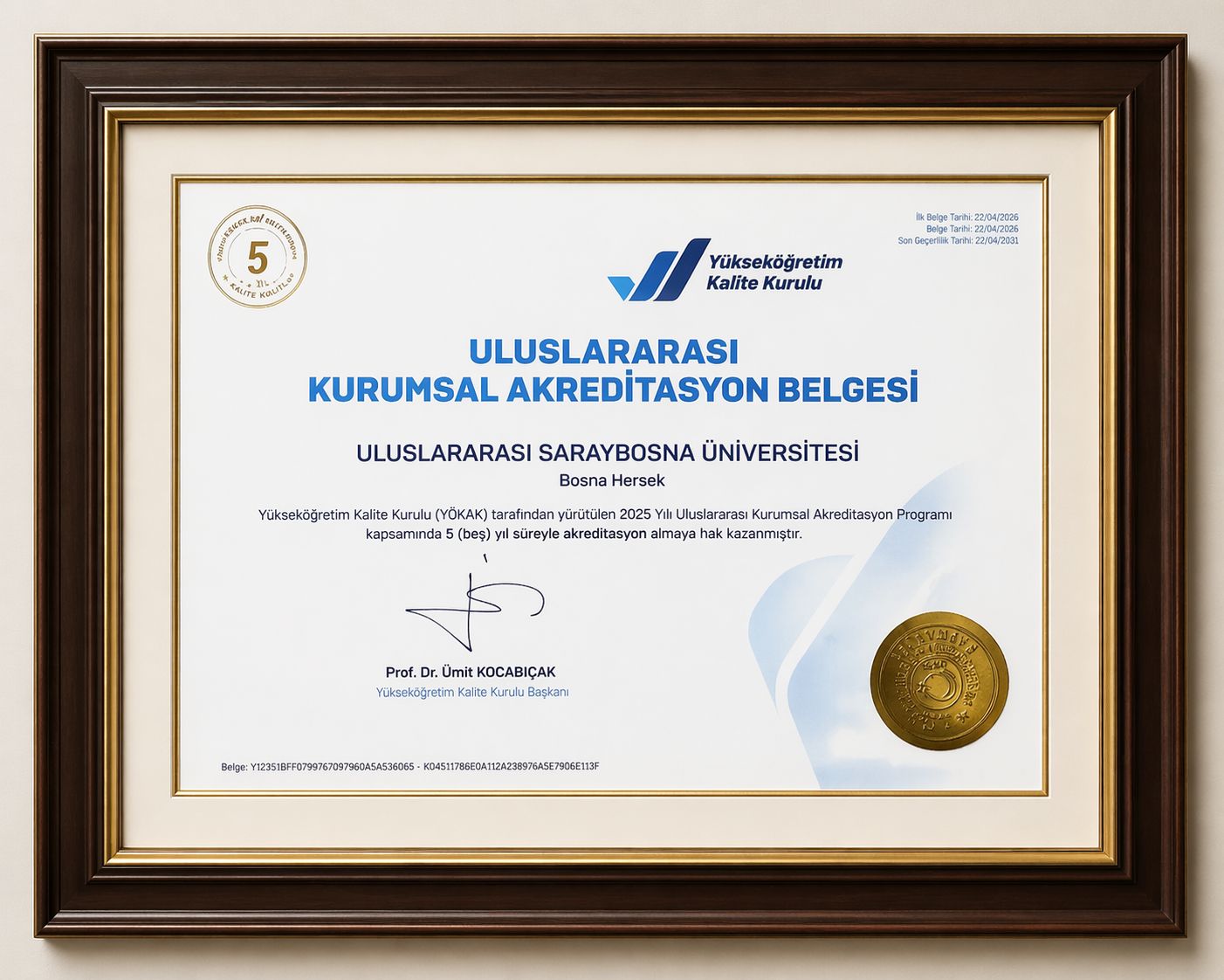 IUS YÖKAK International Institutional Accreditation Certificate, 2025